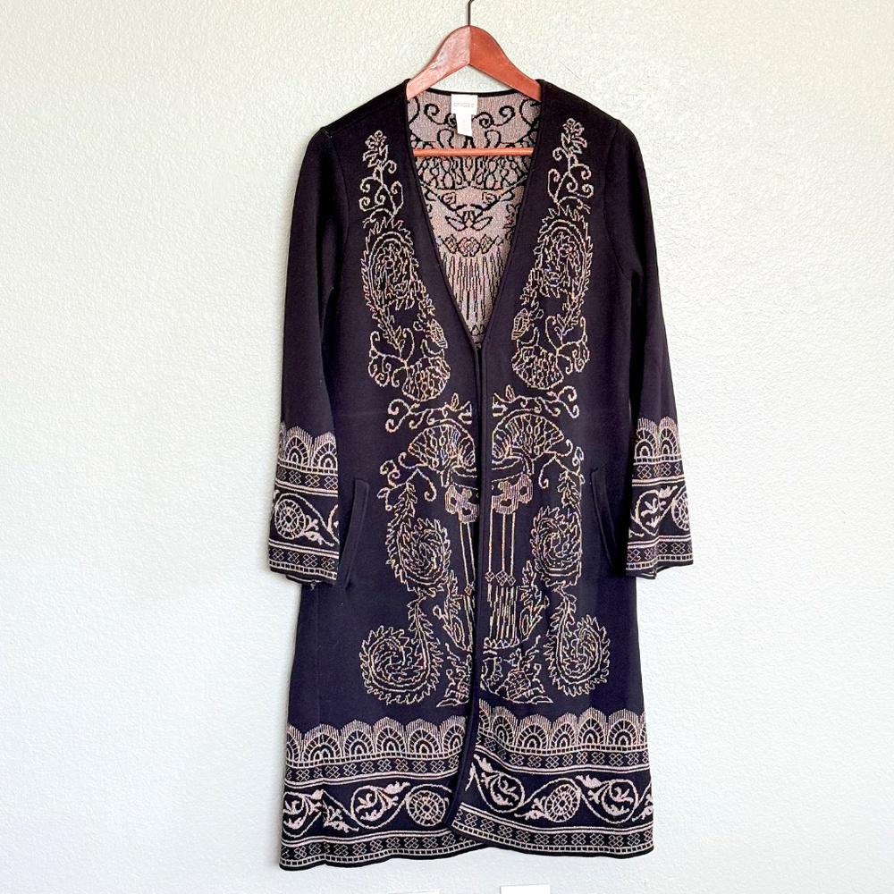 Witchy Whimsigoth Boho Gold & Black Metallic Duster Cardigan Sweater Chicos Sz M